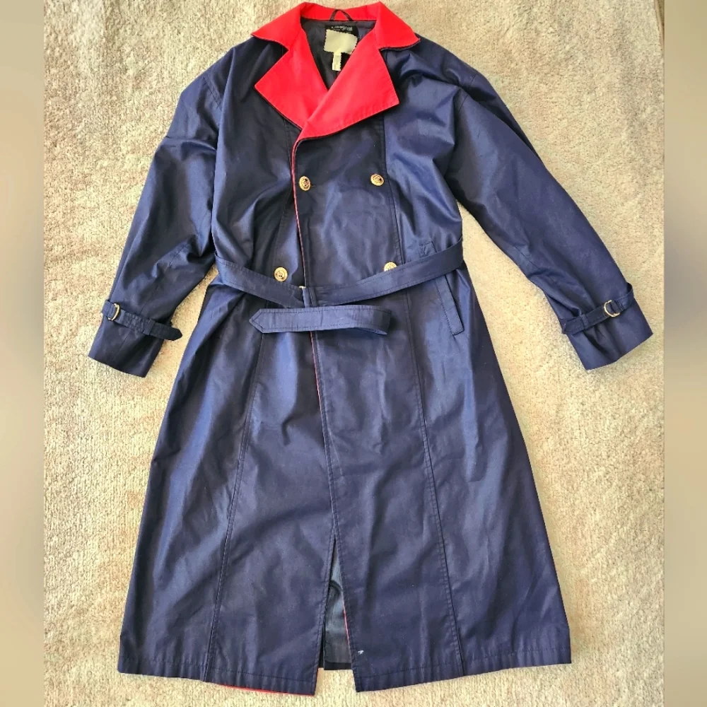 Vintage Italian Navy Blue & Red Trench Coat - Picture 1 of 13